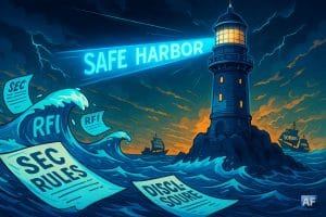 Un phare projette un halo bleu avec l’inscription lumineuse ‘SAFE HARBOR’ face à des vagues en forme de pages réglementaires tandis qu'au loin, trois navires stylisés ‘DeFi Apps’, ‘Open Source’ et ‘Builders’ se dirigent vers la lumière.