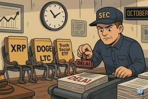Quatre dossiers anthropomorphes estampillés XRP, DOGE, LTC et Truth Social ETF patientent sur des chaises pliantes, tandis qu'un agent SEC en uniforme tamponne « Délai » en boucle sur un tapis roulant de documents.