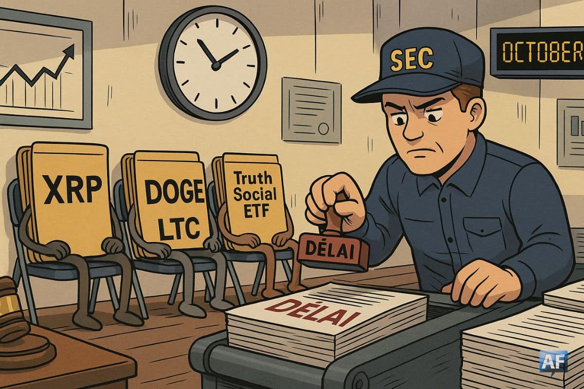 Quatre dossiers anthropomorphes estampillés XRP, DOGE, LTC et Truth Social ETF patientent sur des chaises pliantes, tandis qu'un agent SEC en uniforme tamponne « Délai » en boucle sur un tapis roulant de documents.