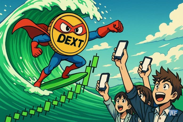 Un jeton DEXT façon super-héros de BD, surfant sur une vague verte de chandeliers haussiers, tandis que des traders style manga lèvent leurs téléphones comme des fans.