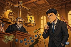 Un tribunal de Manhattan stylisé façon BD : un juge gigantesque pèse une balance où un stablecoin en forme de lune se désintègre en pixels. Do Kwon, silhouette en costume, tient un micro relié à une courbe qui décroche.