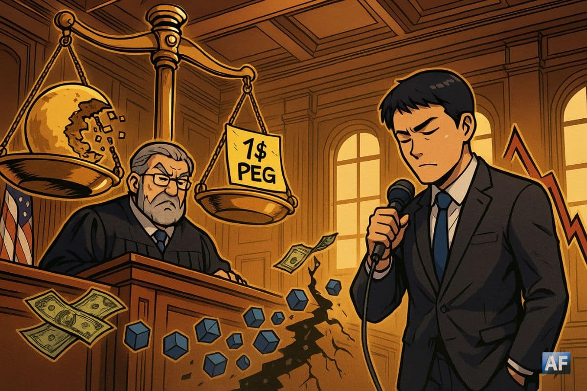 Un tribunal de Manhattan stylisé façon BD : un juge gigantesque pèse une balance où un stablecoin en forme de lune se désintègre en pixels. Do Kwon, silhouette en costume, tient un micro relié à une courbe qui décroche.