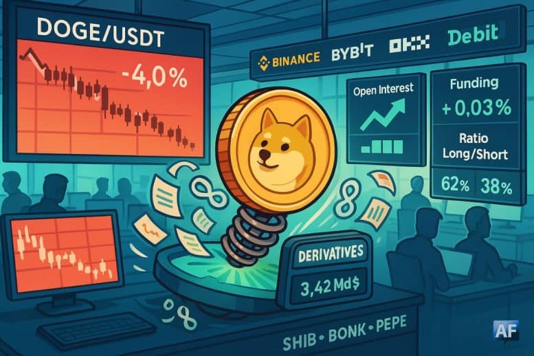 Dans une salle de marché crypto stylisée, Dogecoin chute (DOGE/USDT −4,0 %) tandis qu’une grande pièce DOGE rebondit sur un manomètre « Derivatives 3,42 Md$ », entourée d’écrans