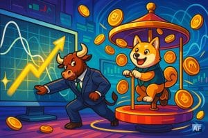 Un taureau en costume d’analyste pousse un graphe en « golden cross » doré, tandis qu’un shiba pilote un manège de memecoins en rotation.