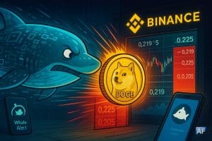 Une baleine numérique bleutée pousse une pièce Dogecoin dorée vers la façade de Binance ; écran de trading avec 0,219–0,225 $ et mur d’ordres rouge, notifications Whale Alert sur smartphones.