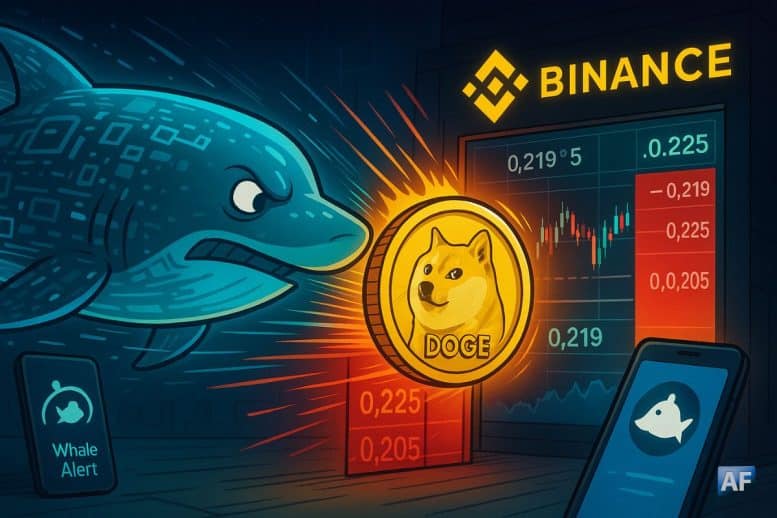 Une baleine numérique bleutée pousse une pièce Dogecoin dorée vers la façade de Binance ; écran de trading avec 0,219–0,225 $ et mur d’ordres rouge, notifications Whale Alert sur smartphones.