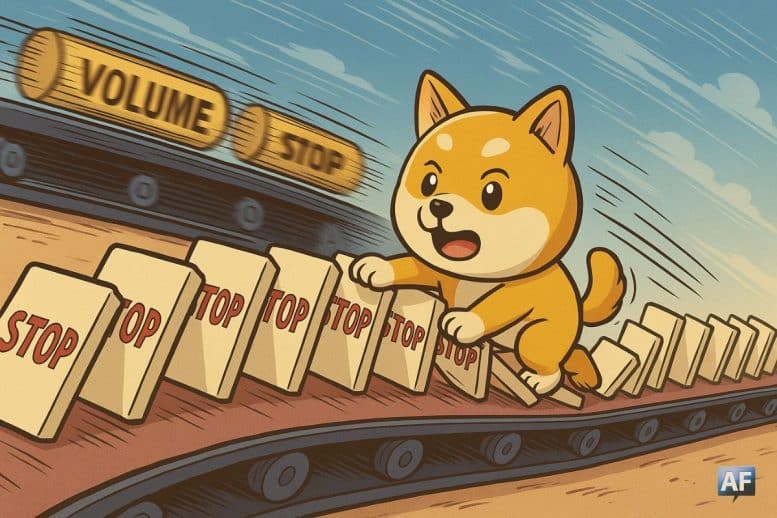 Un chien-pièce sur une piste de dominos-stop qui tombent en chaîne, devant un tapis roulant de volumes qui accélère.