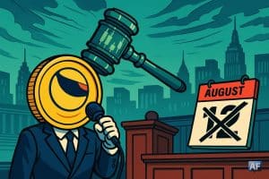 Dans une salle d’audience stylisée, un jeton LUNA en costume cravate tient un micro comme s’il “plaidaît coupable”, tandis qu’un marteau de juge géant flotte au-dessus, formé par des bougies de chandeliers crypto.