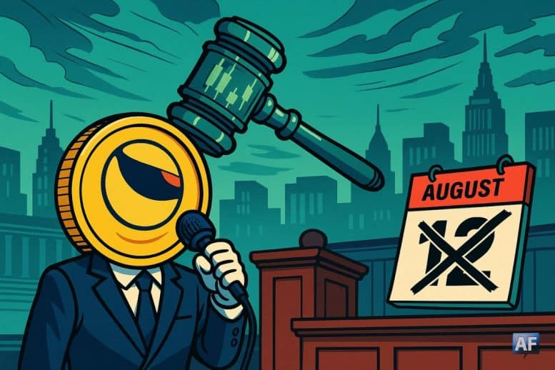 Dans une salle d’audience stylisée, un jeton LUNA en costume cravate tient un micro comme s’il “plaidaît coupable”, tandis qu’un marteau de juge géant flotte au-dessus, formé par des bougies de chandeliers crypto.