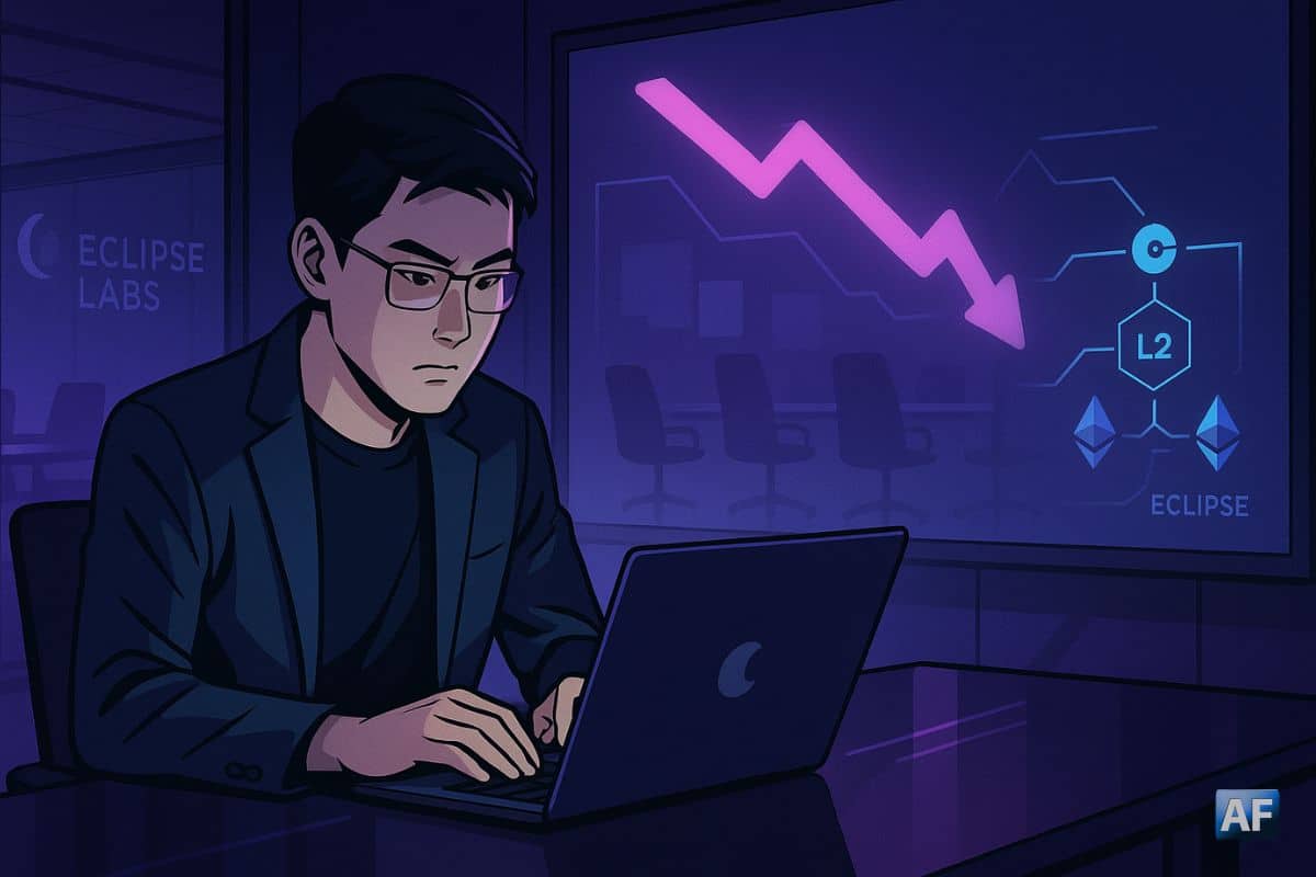 Sydney Huang, nouveau CEO d’Eclipse Labs, travaille sur un laptop dans une salle de réunion nocturne ; écrans avec flèche baissière, schéma L2 et logos Ethereum/Solana, logo Eclipse et chaises vides en arrière-plan.
