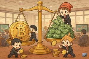 Une balance de marché, avec un lingot BTC d’un côté et des tickets “ETF” de l’autre, penche légèrement vers les sorties, tandis que de petits agents de flux chibi ajoutent ou retirent des pièces, créant un coup de mou visuel.
