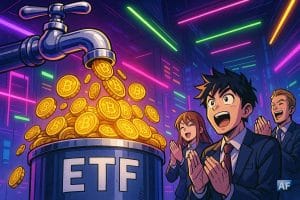 Un gigantesque robinet métallique verse un flot de pièces Bitcoin dorées dans un récipient géant marqué « ETF ». Des traders en costume, façon héros manga, applaudissent sous des néons violets et verts.
