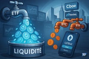 Un robinet géant “ETF ETH” déverse un flot lumineux de jetons Ethereum (logo ETH) vers un grand réservoir “Liquidité” qui se remplit, tandis qu’un second robinet “ETF BTC” coule faiblement.