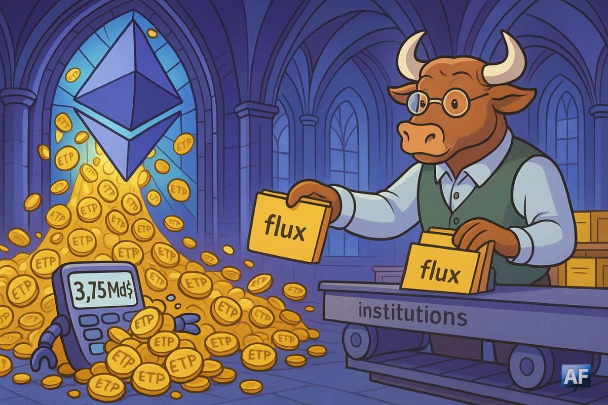 Une cathédrale de graphiques en forme de logo générique d’Ethereum, dont les vitraux laissent passer un torrent de pièces étiquetées “ETP”. Un taureau-bibliothécaire classe des dossiers “flux” sur un tapis roulant menant vers une salle des coffres “institutions”.