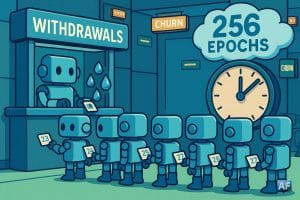 Une file d'attente de robots devant un guichet de retrait Ethereum, avec en arrière-plan un cadran horaire indiquant "256 epochs"