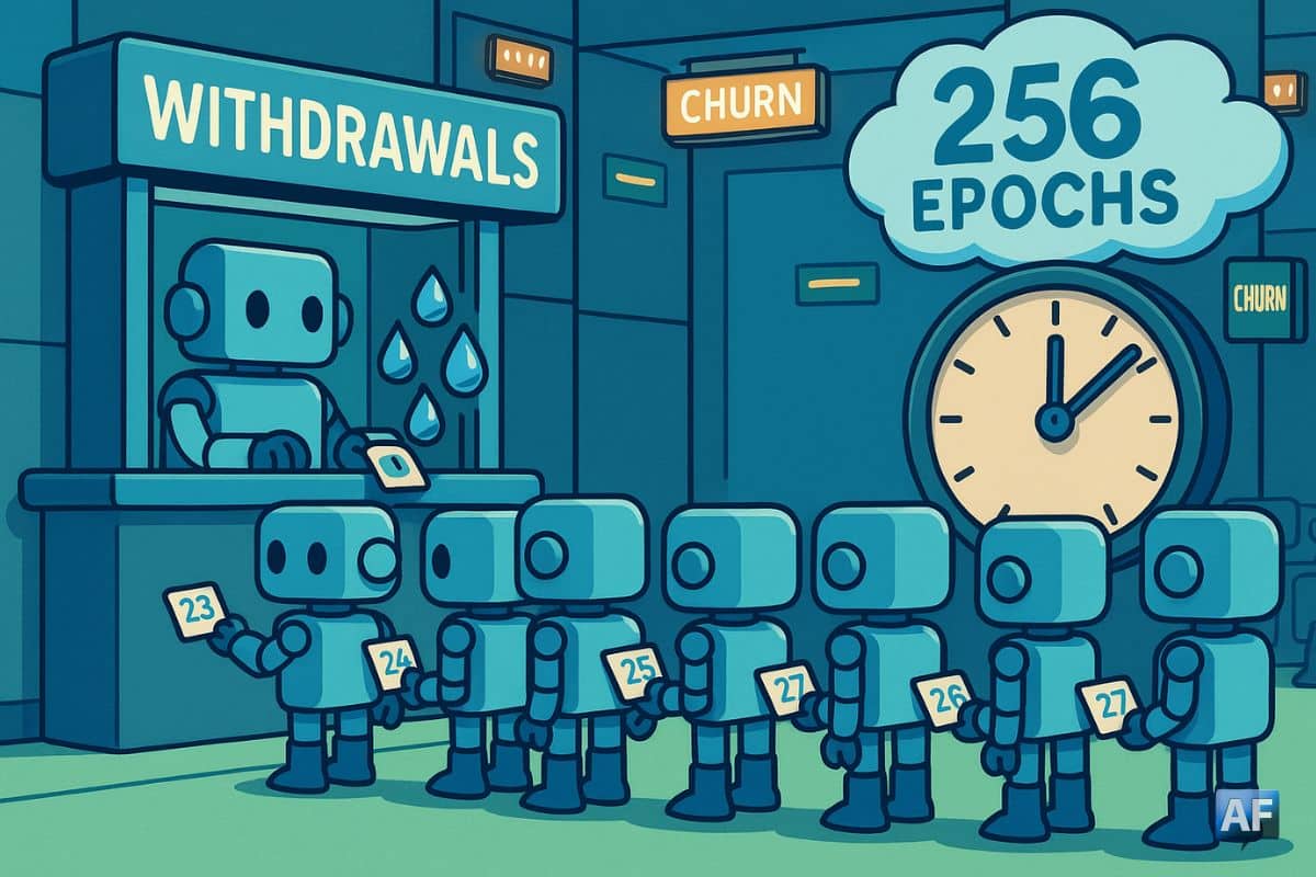 Une file d'attente de robots devant un guichet de retrait Ethereum, avec en arrière-plan un cadran horaire indiquant 