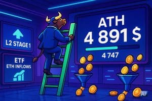 Un compteur géant affiche “4 891 $ ATH” tandis qu’un taureau en costume grimpe une échelle en forme de chandelier. Sur des écrans latéraux, icônes évoquant rollups L2 et ETF qui aspirent des pièces ETH comme des aspirateurs malicieux.
