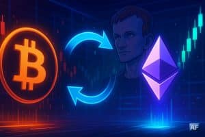 Logo Bitcoin orange en baisse à gauche, flèche circulaire indiquant la rotation vers le logo Ethereum violet en hausse à droite, Vitalik Buterin en arrière-plan, ambiance bourse néon.