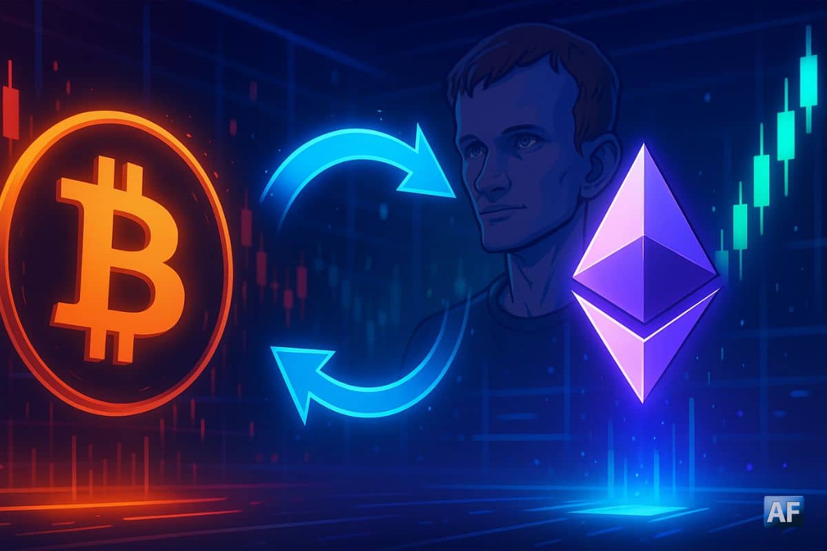 Logo Bitcoin orange en baisse à gauche, flèche circulaire indiquant la rotation vers le logo Ethereum violet en hausse à droite, Vitalik Buterin en arrière-plan, ambiance bourse néon.