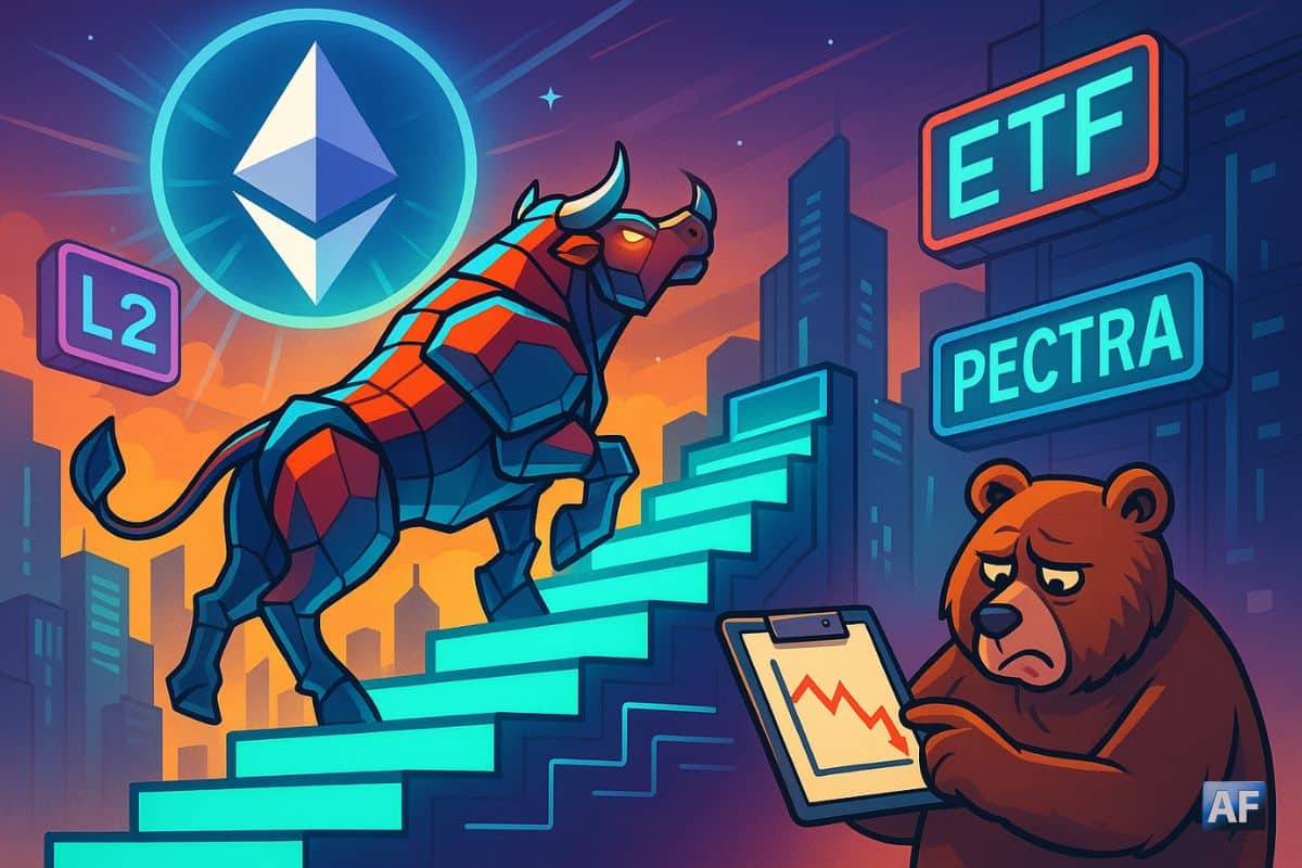 Un taureau cybernétique en armure polygonale grimpe un escalier lumineux vers un gigantesque logo d’Ethereum flottant, pendant qu’un ours grognon lit un graphe descendant, devant des panneaux “L2”, “ETF” et “Pectra” clignotants comme des néons
