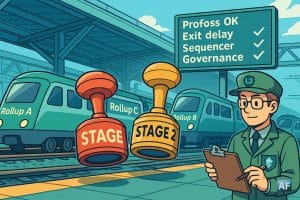 Allégorie d’une gare de triage futuriste : des trains-rollups passent un contrôle de sécurité avec tampons “Stage 1” et “Stage 2” géants, un inspecteur-L2BEAT tient une check-list.