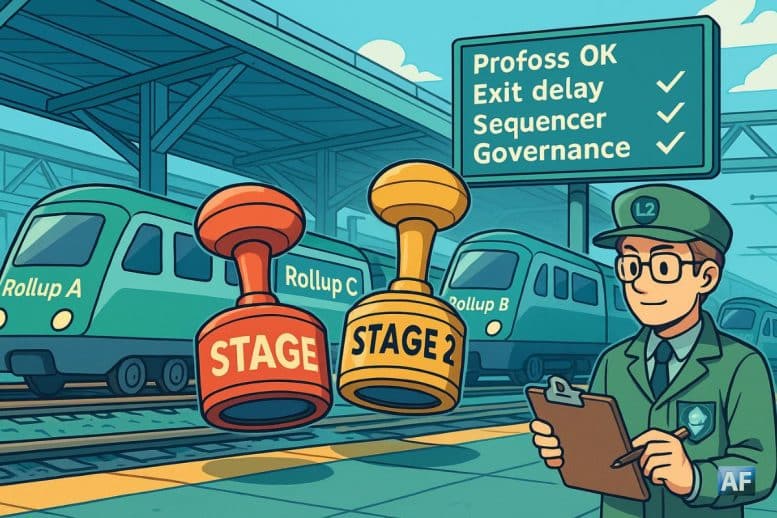 Allégorie d’une gare de triage futuriste : des trains-rollups passent un contrôle de sécurité avec tampons “Stage 1” et “Stage 2” géants, un inspecteur-L2BEAT tient une check-list.