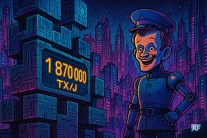 Une ville futuriste bâtie sur des blocs de chaînes géantes, chaque bloc affichant un compteur LED avec “1 870 000 TX/J”, le tout surveillé par un Vitalik-robot hilare portant un chapeau de chef de gare.