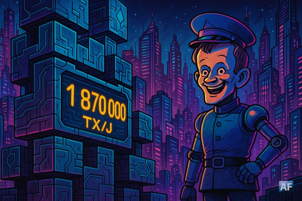Une ville futuriste bâtie sur des blocs de chaînes géantes, chaque bloc affichant un compteur LED avec “1 870 000 TX/J”, le tout surveillé par un Vitalik-robot hilare portant un chapeau de chef de gare.
