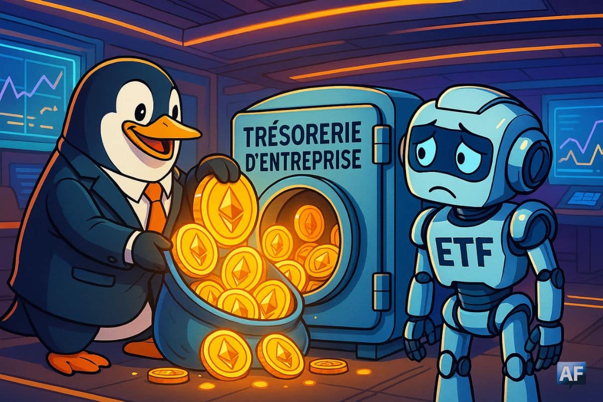 Salle de marché futuriste où un pingouin en costume verse des pièces d’Ether dans un coffre-fort géant intitulé “Trésorerie d’entreprise”, tandis qu’un robot-ETF observe, l’air dépité.
