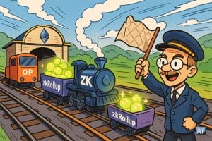 Une voie ferrée futuriste où des wagons-rollups transportent des “preuves ZK” lumineuses vers une gare “Ethereum”. Des wagons “OP” accrochent des locomotives ZK scintillantes.