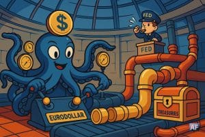 Dans une salle des machines financière, une pieuvre-dollar actionne des leviers “Eurodollar” tandis qu’une mini-Fed en uniforme souffle sur un sifflet.