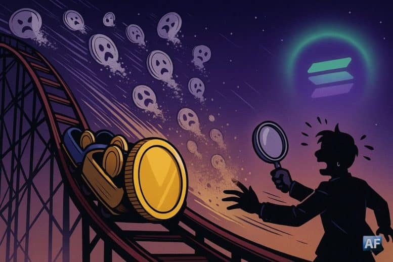 Dans une scène de montagnes russes “YZY Money” grimpe en flèche puis plonge, des jetons-fantômes “faux memecoins” tombent en poussière.