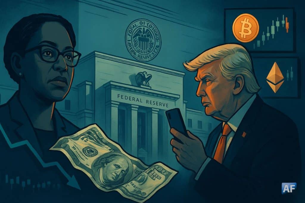 Lisa Cook à gauche et Donald Trump à droite (smartphone en main) devant la Federal Reserve ; un billet de 100 $ se froisse en chute, écrans avec logos Bitcoin/Ethereum et chandeliers, ambiance bleu-vert dramatique.