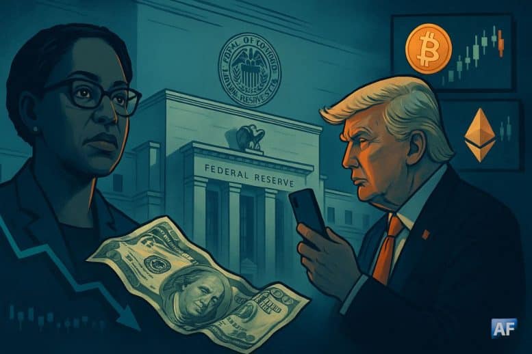 Lisa Cook à gauche et Donald Trump à droite (smartphone en main) devant la Federal Reserve ; un billet de 100 $ se froisse en chute, écrans avec logos Bitcoin/Ethereum et chandeliers, ambiance bleu-vert dramatique.