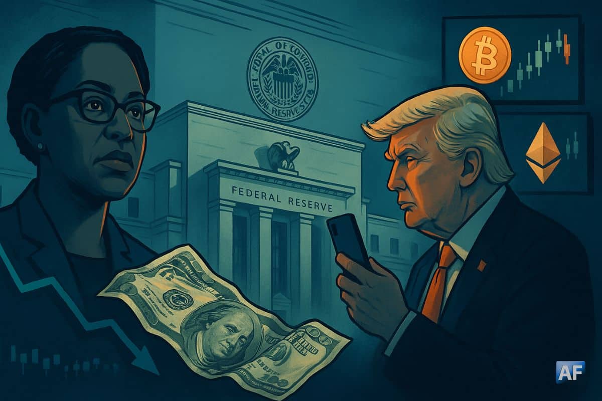 Lisa Cook à gauche et Donald Trump à droite (smartphone en main) devant la Federal Reserve ; un billet de 100 $ se froisse en chute, écrans avec logos Bitcoin/Ethereum et chandeliers, ambiance bleu-vert dramatique.