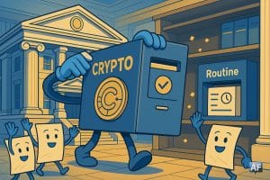Un gros dossier « crypto » quitte un bâtiment néoclassique (banque centrale), alors que des paperasses anthropomorphes font un salut de fin de mission.