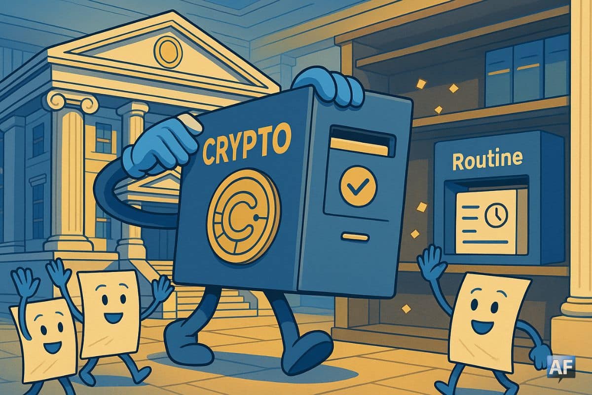Un gros dossier « crypto » quitte un bâtiment néoclassique (banque centrale), alors que des paperasses anthropomorphes font un salut de fin de mission.
