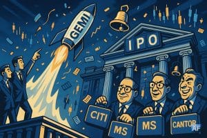 Une fusée GEMINI décolle, devant deux jumeaux en costumen tandis que quatre banquiers caricaturaux brandissent des porte-documents aux initiales stylisées : GS, CITI, MS, CANTOR