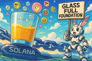 Un verre à moitié plein géant est posé sur une chaîne Solana futuriste, des jetons mème colorés jaillissant comme des bulles, tandis qu’un lapin robot brandit une pancarte « Glass Full Foundation »