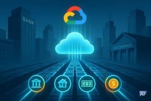 Un centre de données/nuage Google Cloud au centre, émettant des liaisons lumineuses vers un grand livre segmenté en blocs formant des rails de paiement. Autour, silhouettes d’immeubles bancaires et d’une bourse stylisée (verre, acier, lignes nettes).