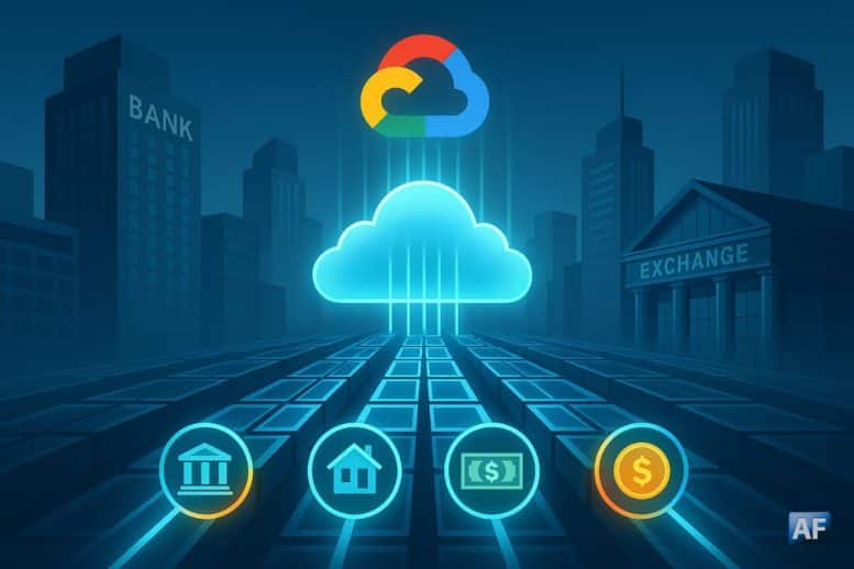 Un centre de données/nuage Google Cloud au centre, émettant des liaisons lumineuses vers un grand livre segmenté en blocs formant des rails de paiement. Autour, silhouettes d’immeubles bancaires et d’une bourse stylisée (verre, acier, lignes nettes).