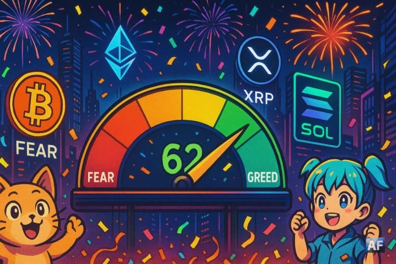Un thermomètre futuriste gradué de “Fear” à “Greed” indique 62/100 tandis que des mascottes manga de Bitcoin, Ether, XRP et Solana jubilent sous des feux d’artifice en pièces de monnaie devant une bourse cyberpunk.