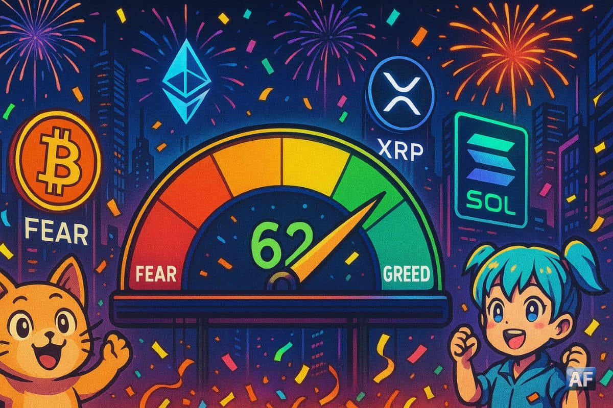 Un thermomètre futuriste gradué de “Fear” à “Greed” indique 62/100 tandis que des mascottes manga de Bitcoin, Ether, XRP et Solana jubilent sous des feux d’artifice en pièces de monnaie devant une bourse cyberpunk.