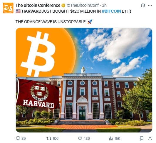 Harvard injecte 116 M$ dans le Bitcoin et change la donne