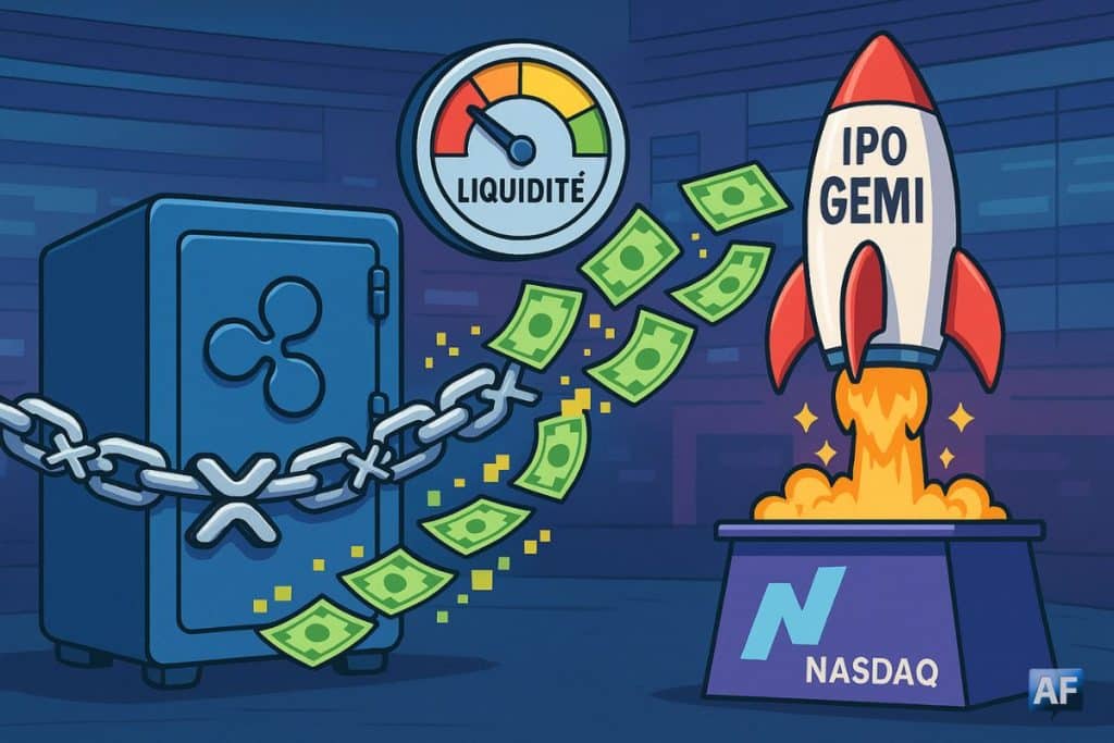 Dans une salle des marchés stylisée, un cordon de sécurité en forme de chaîne XRP relie un coffre-fort Ripple à une fusée IPO “GEMI” prête au décollage depuis un podium Nasdaq abstrait.