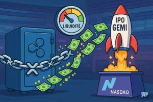 Dans une salle des marchés stylisée, un cordon de sécurité en forme de chaîne XRP relie un coffre-fort Ripple à une fusée IPO “GEMI” prête au décollage depuis un podium Nasdaq abstrait.