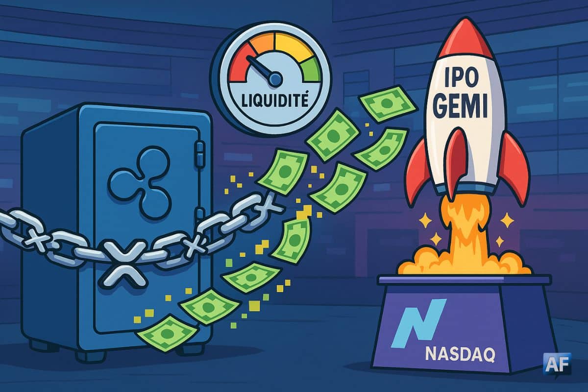 Dans une salle des marchés stylisée, un cordon de sécurité en forme de chaîne XRP relie un coffre-fort Ripple à une fusée IPO “GEMI” prête au décollage depuis un podium Nasdaq abstrait.