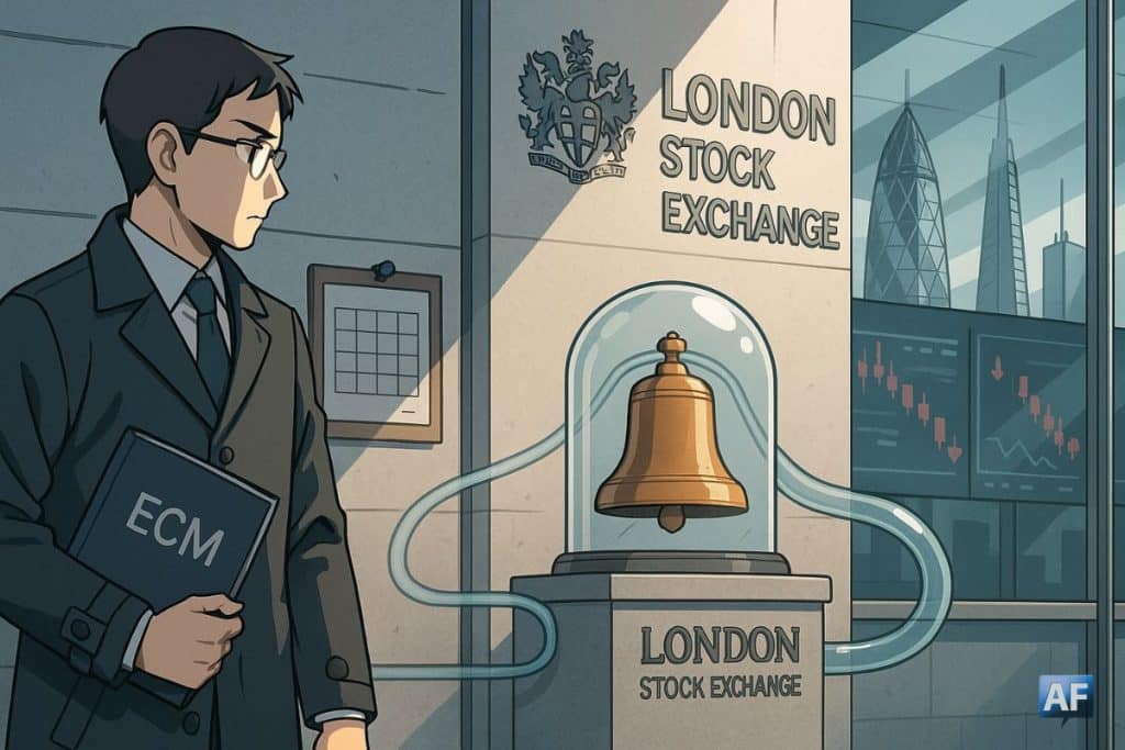 Devant la London Stock Exchange, une cloche d’IPO sous cloche de verre, un banquier tenant un dossier « ECM », écrans boursiers en baisse et skyline londonienne (Gherkin, Shard) en arrière-plan.