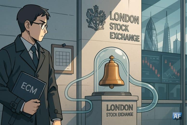 Devant la London Stock Exchange, une cloche d’IPO sous cloche de verre, un banquier tenant un dossier « ECM », écrans boursiers en baisse et skyline londonienne (Gherkin, Shard) en arrière-plan.