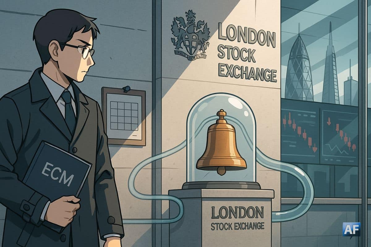 Devant la London Stock Exchange, une cloche d’IPO sous cloche de verre, un banquier tenant un dossier « ECM », écrans boursiers en baisse et skyline londonienne (Gherkin, Shard) en arrière-plan.